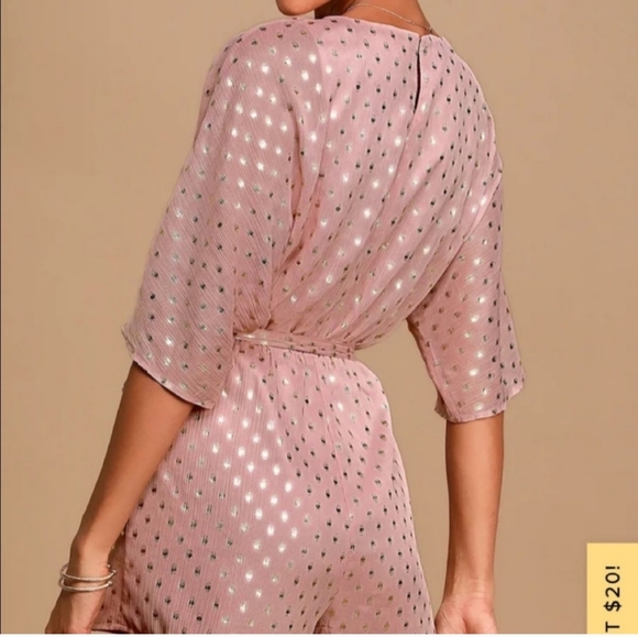 Lulus Delight at Dawn Gold and Mauve Print Surplice Romper Small - Picture 3 of 13